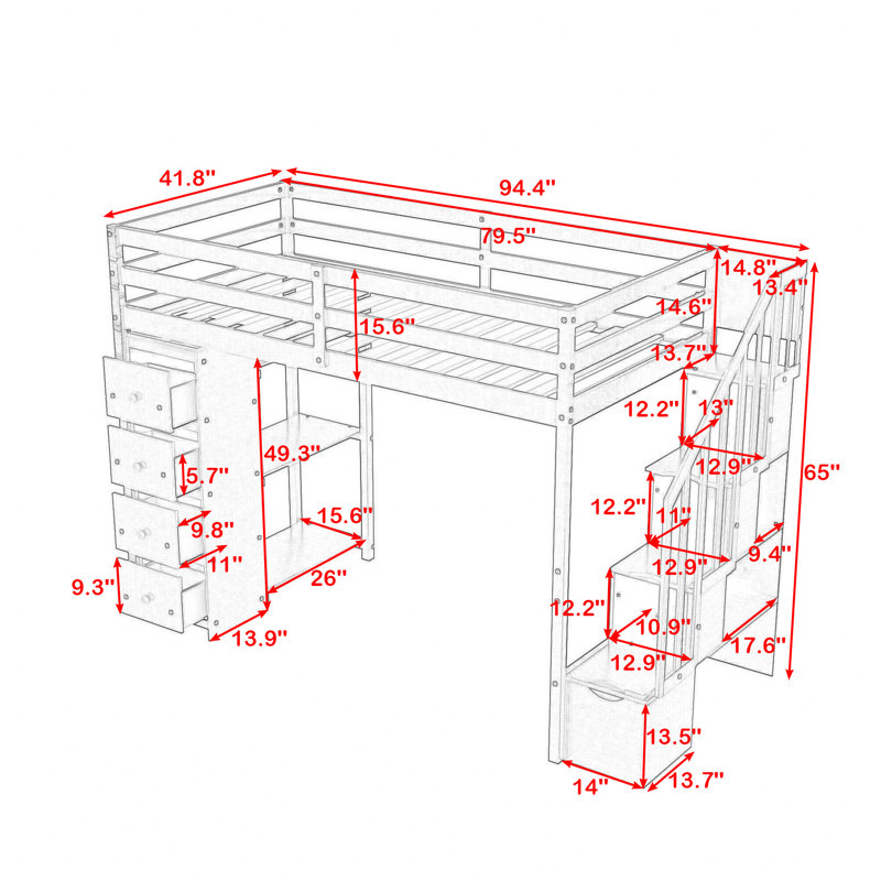 Harriet Bee Kahler Kids Twin Loft Bed with Drawers Wayfair Canada
